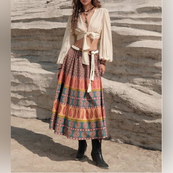 Boho Printed Western Midi Skirt With Belt - Picture 4 of 6